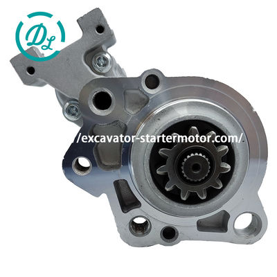 Excavator starter motor showing mounting flange, solenoid and pinion for fitment identification